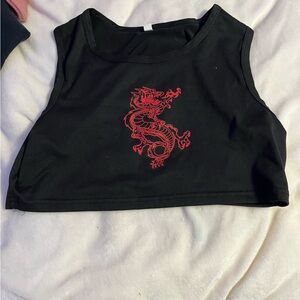 Black Crop Top with Red Dragon Design